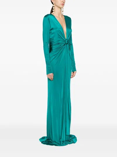 Roberto Cavalli Plunging Concealedv-neck Gown In 04503 Green Pavone