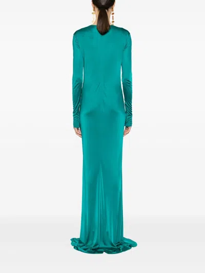 Roberto Cavalli Plunging Concealedv-neck Gown In 04503 Green Pavone