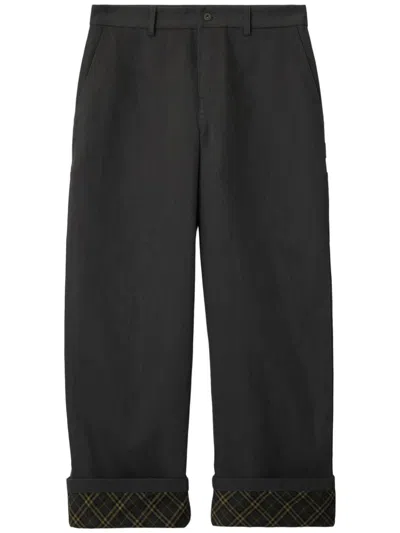 Burberry Black Pants With Logo Embroidery On The Side And Turn-up Checked Hem In Cotton Man In Black