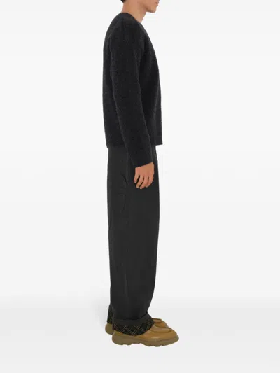 Burberry Black Pants With Logo Embroidery On The Side And Turn-up Checked Hem In Cotton Man In Black