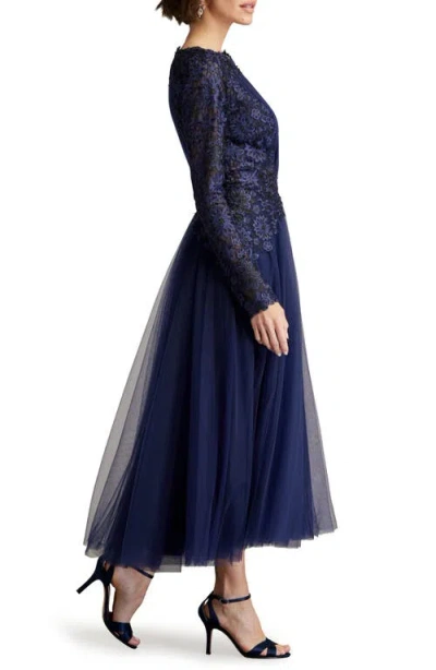 Shop Tadashi Shoji Embroidered Long Sleeve Fit & Flare Cocktail Dress In Midnight