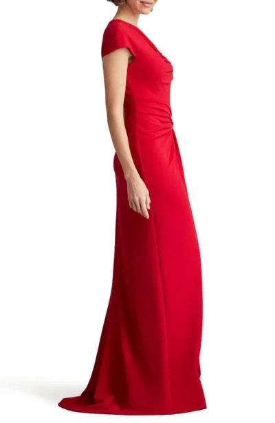 Shop Tadashi Shoji Asymmetric Neck Cap Sleeve Crepe Gown In Flame