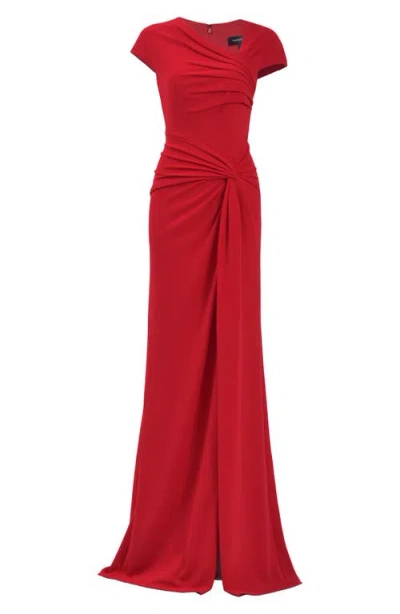 Shop Tadashi Shoji Asymmetric Neck Cap Sleeve Crepe Gown In Flame