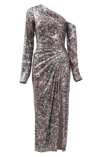 Sho By Tadashi Shoji Sequin One-shoulder Long Sleeve Midi Dress In Leopard