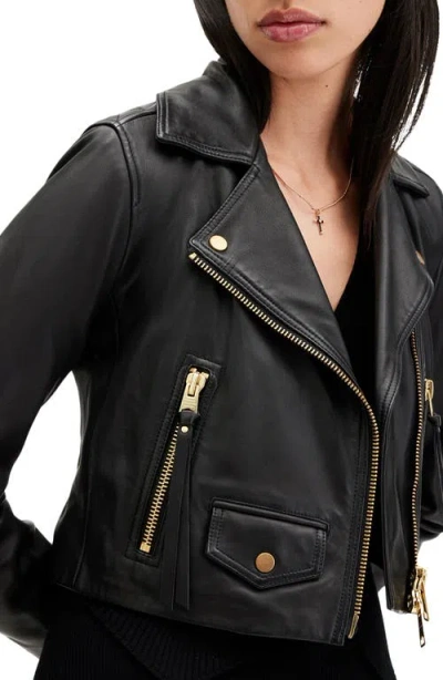 Allsaints Elora Cropped Slim Leather Biker Jacket In Black/gold
