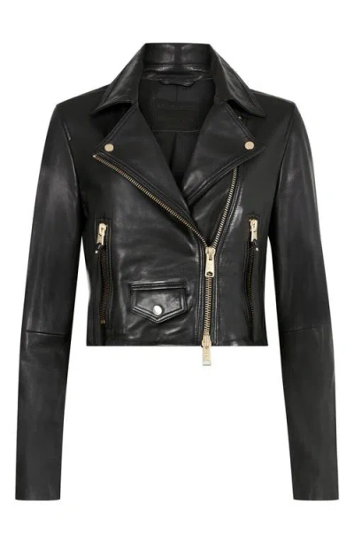 Allsaints Elora Cropped Slim Leather Biker Jacket In Black/gold
