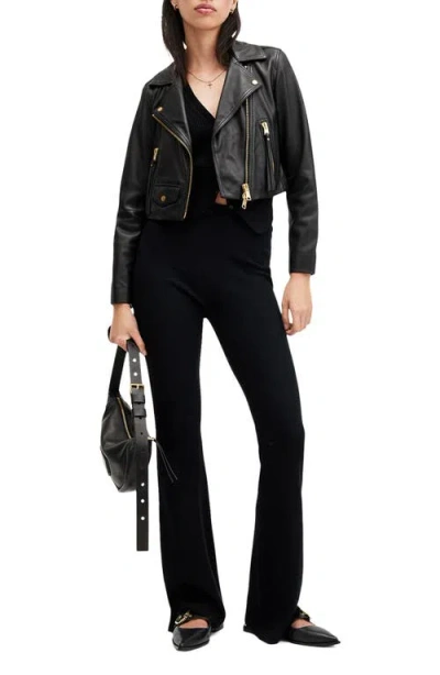 Allsaints Elora Cropped Slim Leather Biker Jacket In Black/gold