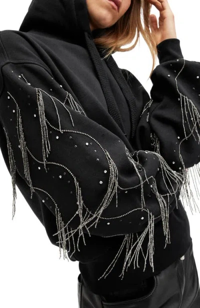 Shop Allsaints Lennon Tassel Embellished Sleeve Hoodie In Washed Black