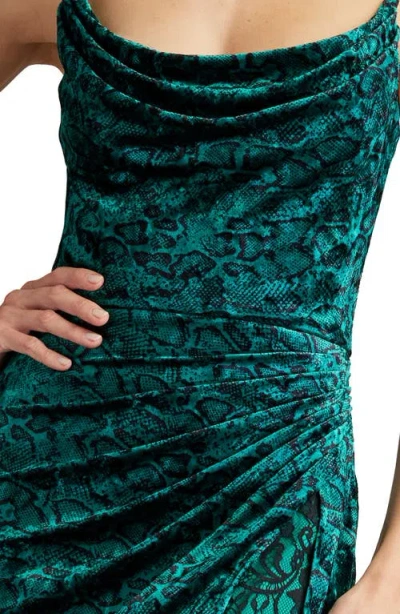 Sho By Tadashi Shoji Snakeskin Print Ruched Midi Cocktail Dress In Emerald/black