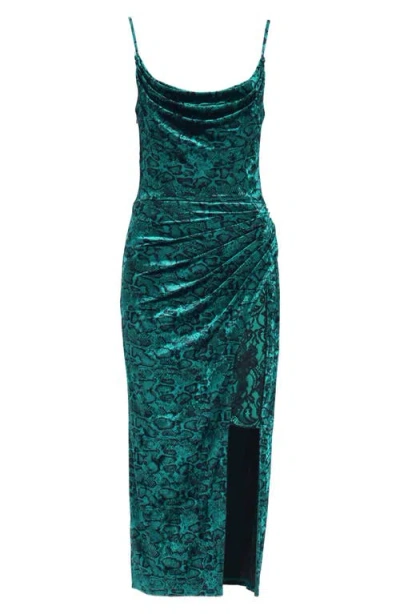 Sho By Tadashi Shoji Snakeskin Print Ruched Midi Cocktail Dress In Emerald/black
