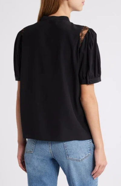 Frame Denim Lace Shoulder Inset Silk Blouse In Black