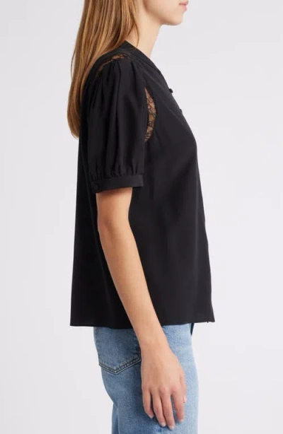 Frame Denim Lace Shoulder Inset Silk Blouse In Black