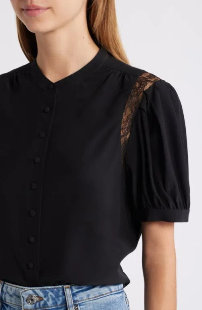 Frame Denim Lace Shoulder Inset Silk Blouse In Black
