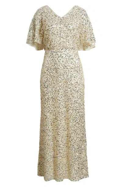 Pisarro Nights Beaded Capelet Gown In Champagne