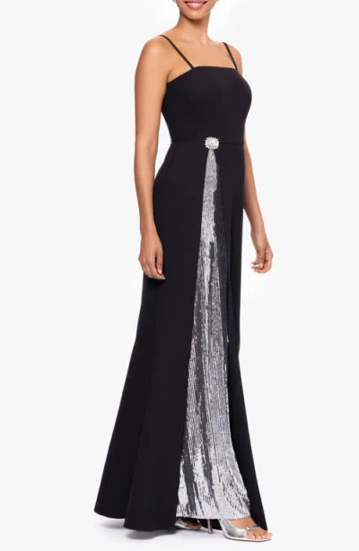 Betsy & Adam Sequin A-line Gown In Black/silver