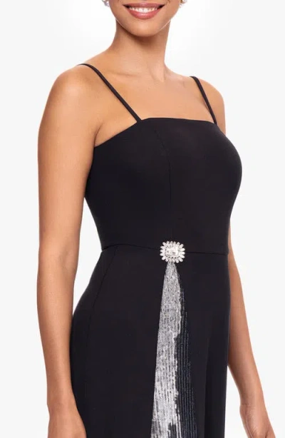 Betsy & Adam Sequin A-line Gown In Black/silver
