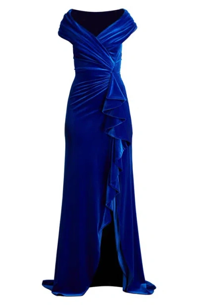 Tadashi Shoji Portrait Collar Velvet Gown In Blue Bell