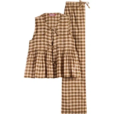 Desmond & Dempsey Pleat Cotton Sleeveless Pajamas In Gingham 50's Voile Brown/cream