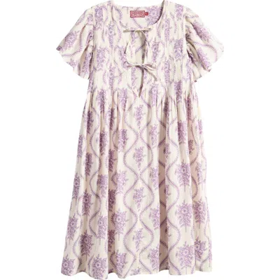 Shop Desmond & Dempsey Pleated Flutter Sleeve Cotton Nightgown In Alpen Flora Cream/violet