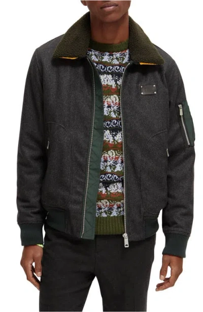 Shop Scotch & Soda Wool Blend Flight Jacket With Removable Faux Shearling Collar In 0607-charcoal Melange