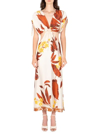 Secret Mission Donna Silk Cutout Maxi Dress In Brown Tropical