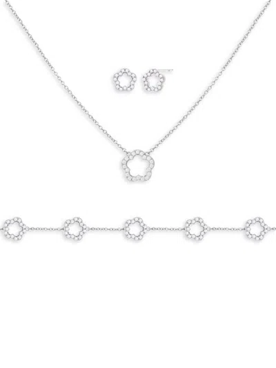 Jankuo Women's Flower 3-piece Rhodium Plated & Cubic Zirconia Bracelet, Earrings, & Necklace Set In Brass