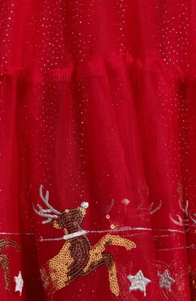 Shop Zunie Kids' Reindeer Metallic Smocked Mesh Party Dress In Red