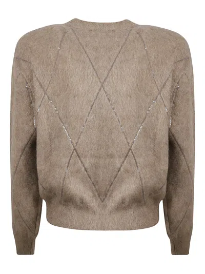 Shop Brunello Cucinelli Beige Crewneck Sweater With All-over Argyle Motiv In Brushed Wool Woman In Brown