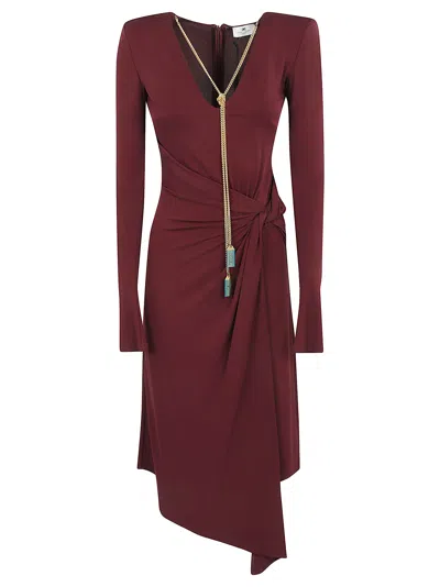 Shop Elisabetta Franchi Necklace Embellished Draped Jersey Midi Dress In Rouge