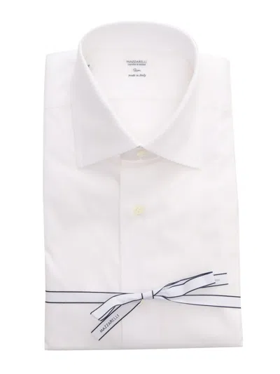 Mazzarelli Camicia In Cotone Slim Fit Da Uomo Con Colletto Classico E Abbottonatura Frontale. In White