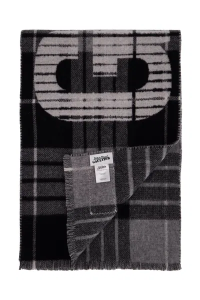 Shop Jean Paul Gaultier Wool Tartan Scarf For In Black/grey/white (grey)