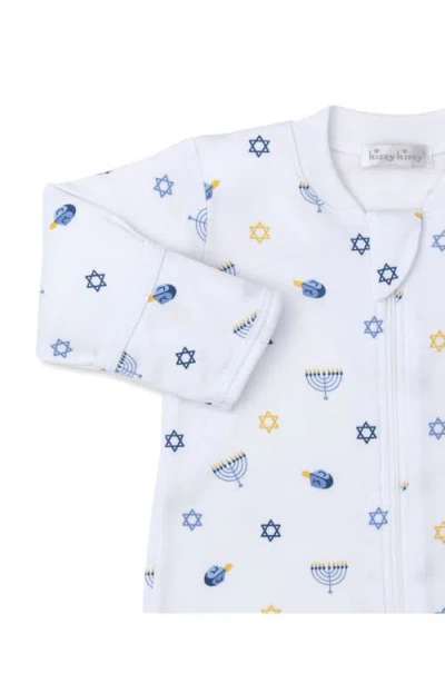 Kissy Kissy Hanukkah Print Pima Cotton Zip Footie In Blue