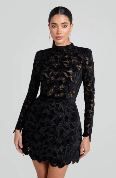 Nadine Merabi Lydia Long Sleeve Lace Overlay Cocktail Minidress In Black