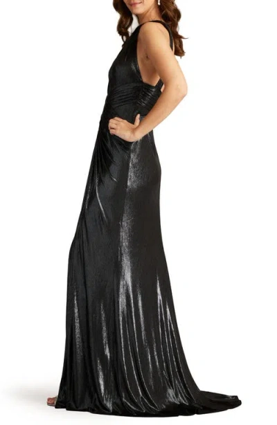 Shop Tadashi Shoji Twist Halter Neck Metallic Jersey Gown In Titanium