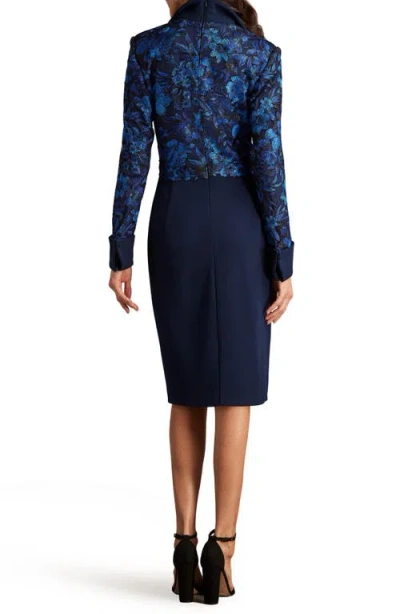 Tadashi Shoji Embroidery Detail Long Sleeve Crepe Sheath Dress In Midnight