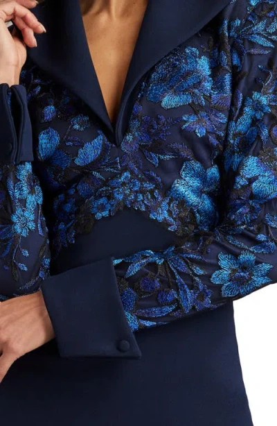 Tadashi Shoji Embroidery Detail Long Sleeve Crepe Sheath Dress In Midnight