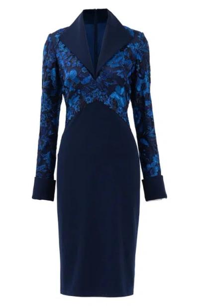 Tadashi Shoji Embroidery Detail Long Sleeve Crepe Sheath Dress In Midnight