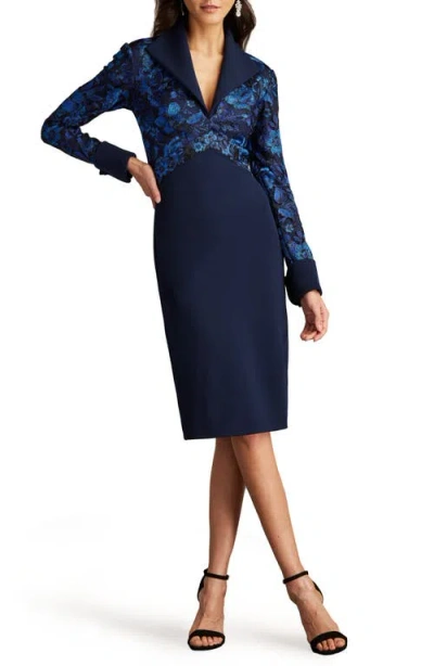Tadashi Shoji Embroidery Detail Long Sleeve Crepe Sheath Dress In Midnight