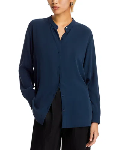Eileen Fisher Mandarin Collar Silk Shirt In Deep Adriatic