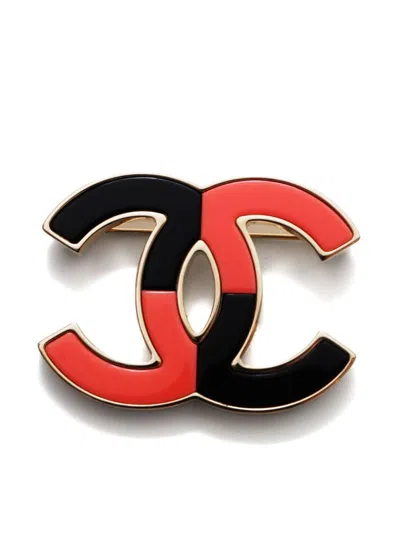 Pre-owned Chanel 2023 Cc Mark Bicolor Brooch In Gold