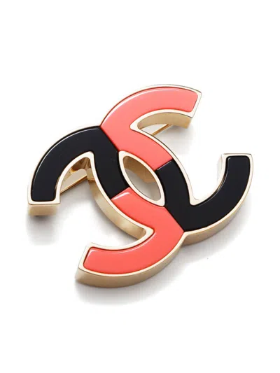 Pre-owned Chanel 2023 Cc Mark Bicolor Brooch In Gold