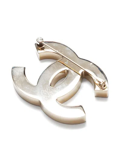 Pre-owned Chanel 2023 Cc Mark Bicolor Brooch In Gold