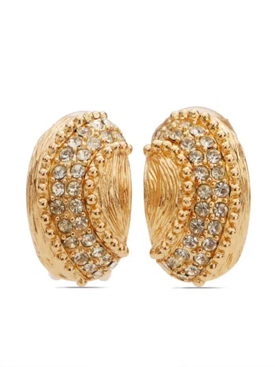 Pre-owned Dior Rhinestone-embellished Clip-on Earrings In Gold