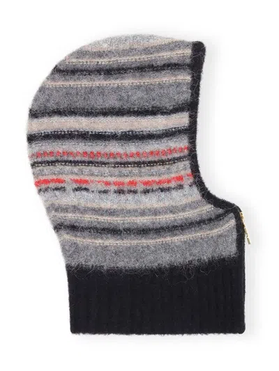 Shop Ganni Striped Zip-up Balaclava In Grey