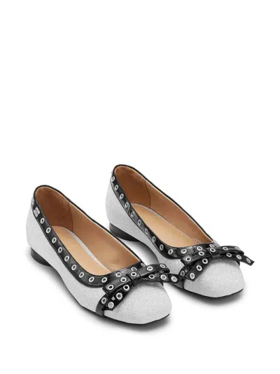Ganni Glitter Eyelet Detailing Ballerina Shoes In Silver