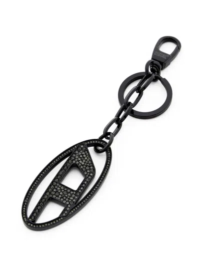 Diesel Metal Oval D Keyring With Crystals In Black