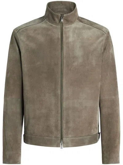 Zegna Zip Front Suede Blouson Jacket In Neutrals