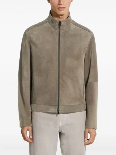 Zegna Zip Front Suede Blouson Jacket In Neutrals