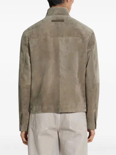 Zegna Zip Front Suede Blouson Jacket In Neutrals