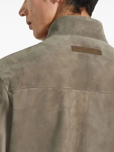 Zegna Zip Front Suede Blouson Jacket In Neutrals